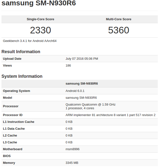 رویت نسخه دیگری از گلکسی نوت ۷ در Geekbench