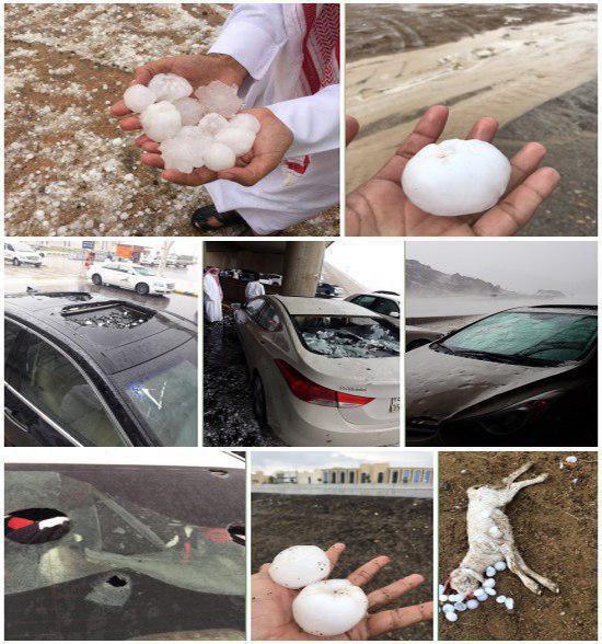 بارش تگرگ&zwnj;های عظیم&zwnj;الجثه در مدینه منوره (عکس)