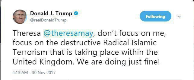 ترامپ خطاب به نخست&zwnj;وزیر انگلیس: روی تروریسم تمرکز کن نه من!