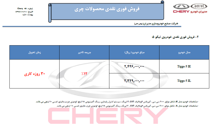 آغاز فروش فوری خودروهای ام.وی.ام و چری با قیمت جدید از امروز (+جزئیات و جدول) آغاز فروش فوری خودروهای ام.وی.ام و چری با قیمت جدید از امروز (+جزئیات و جدول)