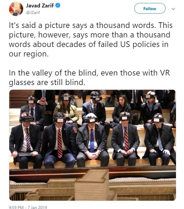 کنایه ظریف به ترامپ با عکس عینک واقعیت مجازی: در وادی کوران، حتی آن هایی هم که عینک VR زده اند باز کور هستند