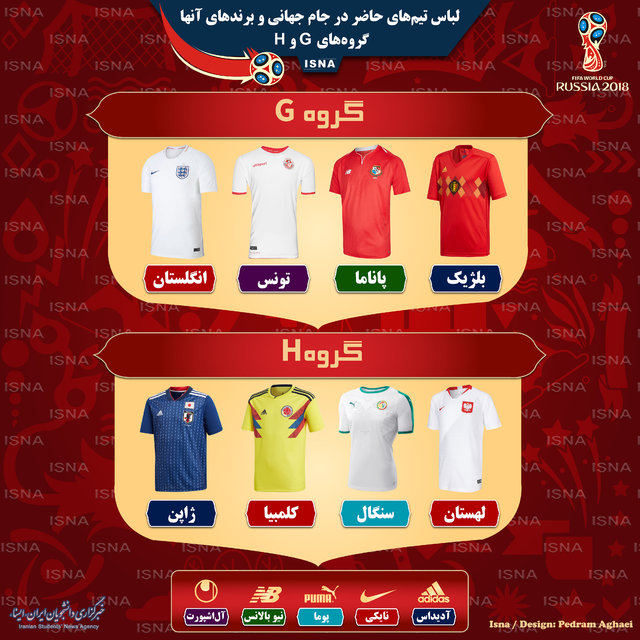 لباس تیم&zwnj;های گروه&zwnj;های G و H جام جهانی (اینفوگرافی)