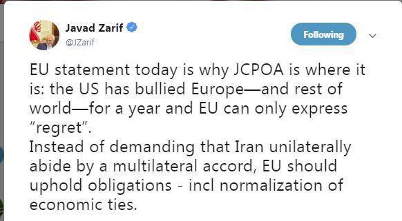 ظریف به اروپا: به جای ملزم کردن ایران به پایبندی به برجام به تعهداتتان عمل کنید