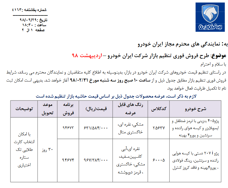 فروش فوری2 محصول ایران خودرو از ساعت 10 صبح فردا 31 اردیبهشت 98 / پژو 207  به طرح فروش فوری آمد(+جدول و جزئیات)