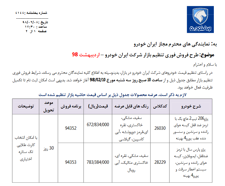 فروش فوری2 محصول پر طرفدار ایران خودرو از ساعت 10 صبح فردا10 اردیبهشت 98 (+جدول و جزئیات)