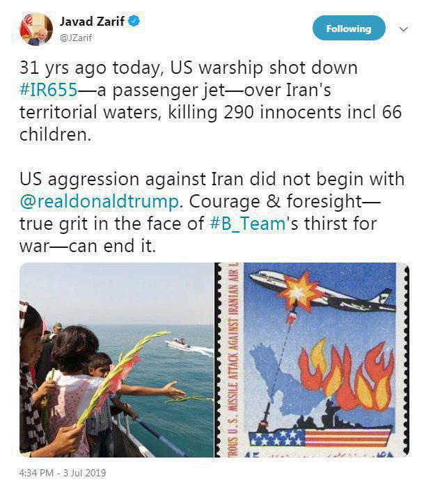 ظریف و اشاره حمله به پرواز 655 ایران&zwnj;ایر؛ ستیزه&zwnj;جویی&zwnj;های آمریکا با آمدن ترامپ آغاز نشده است