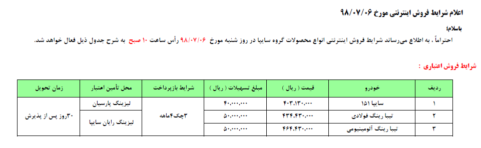 جدیدترین طرح فروش اقساطی محصولات سایپا ویژه  6 و 7 مهرماه 98 (+جدول)