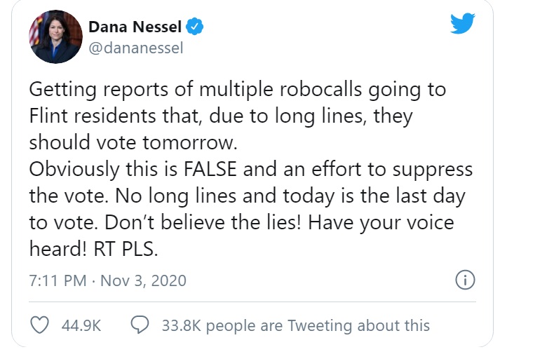 تماسهای تلفنی دروغ به رایدهندگان آمریکا برای ماندن در خانه/ افبیآی: در حال بررسی هستیم پیام دادستان میشیگان در باره تماس های دروغ انتخاباتی