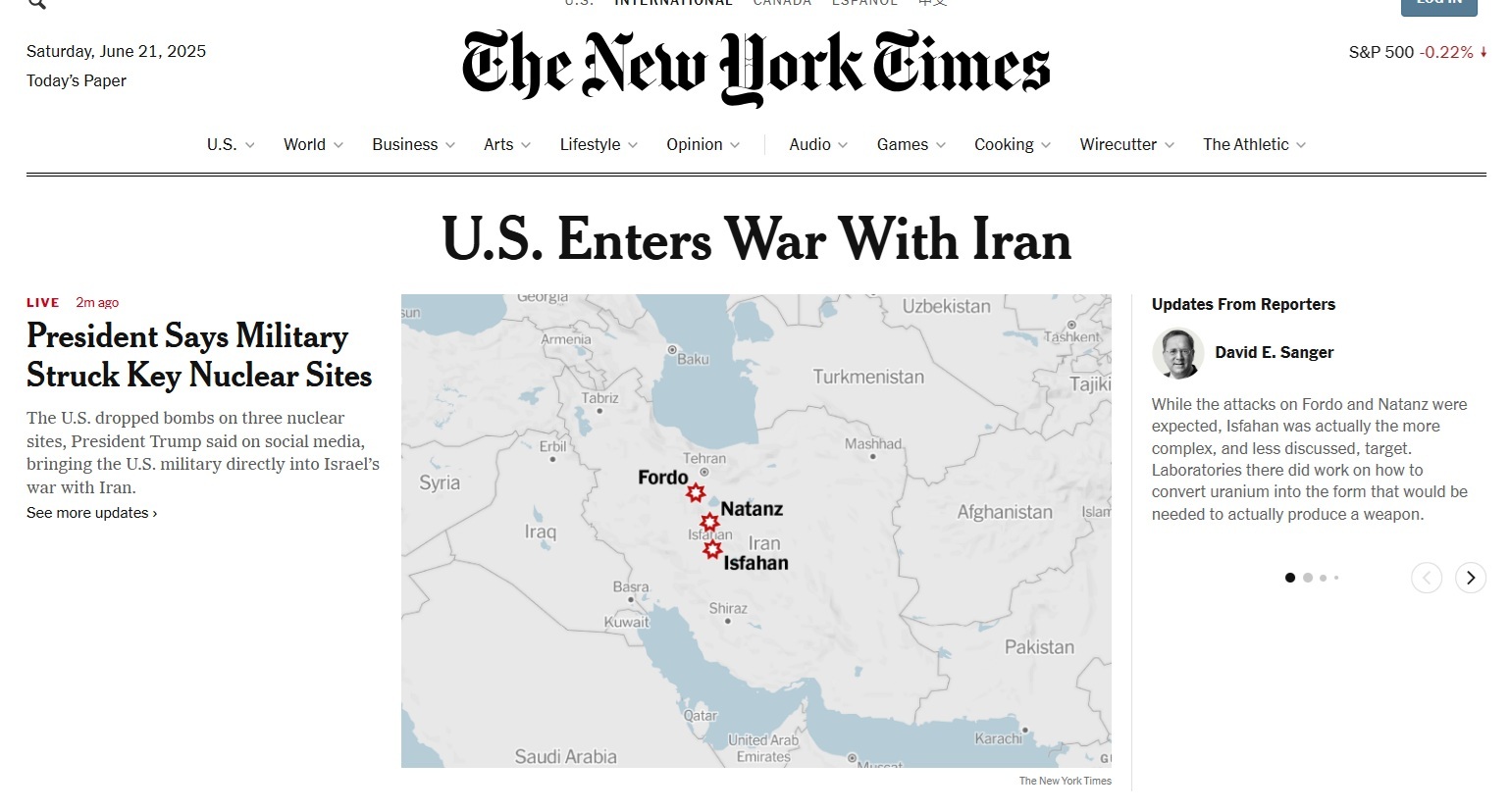 تیتر یک نیویورک تایمز آمریکا  با ایران وارد جنگ شد