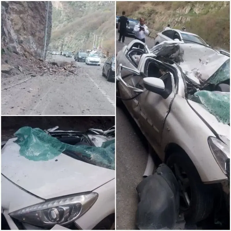 سقوط سنگ بر روی خودروها در جاده کندوان سقوط سنگ بر روی خودروها در جاده کندوان