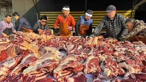 پخت غذای گوشتی از گاو نر غول پیکر در رستورانی پرجمعیت