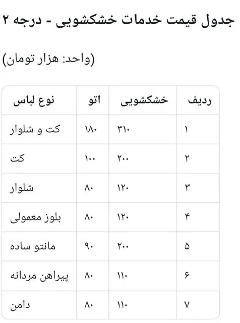 نرخ خشکشویی نرخ خشکشویی