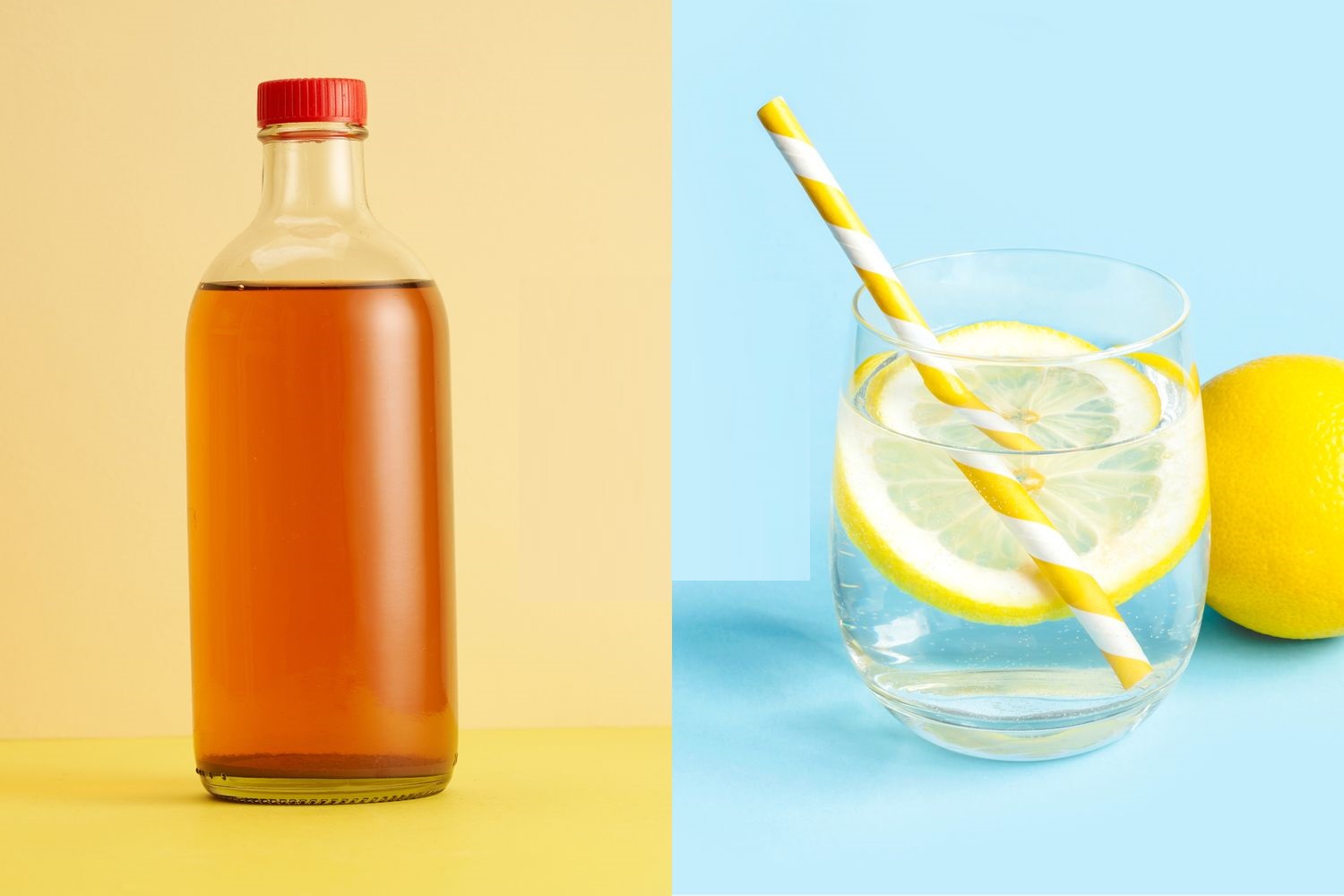 بطری سرکه سیب و یک لیوان آب لیمو