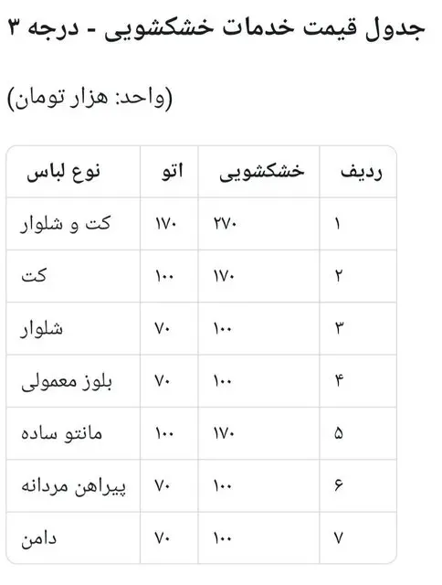 نرخ خشکشویی نرخ خشکشویی